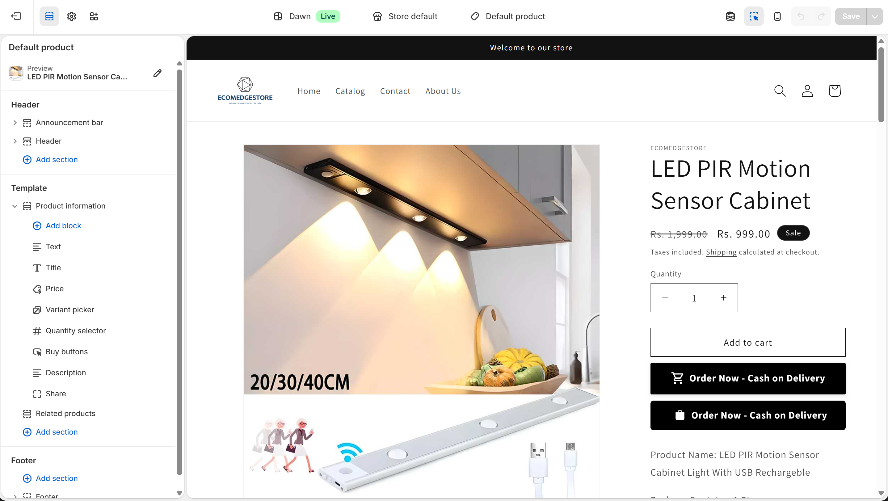 Theme Editor — product template with sections and blocks